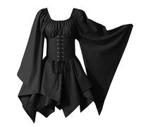 HOOUDO Bellatrix Lestrange Costume Renaissance Dress for Women Medieval Vintage Dress Plus Size Lace Up Butterfly Sleeve Asymmetrical Dress Gothic Costume Cosplay Evening Party Dresses B-Black