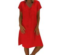 HOOUDO Body Con Dresses for Women UK, Linen Summer Dresses for Women UK Casual V Neck Midi Dress Short Sleeve A-line Sundress Ladies Tunic Beach Sundresses,My Orders UK 2025 Red