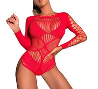 HOOUDO Bodysuit for Women UK Fishnet Floral Lace Underwear Chemise Female Honeymoon Romper See Through Hollow Out Body Suit Blouse Stretchy Bodycon Erotic Clothing Outfit Red