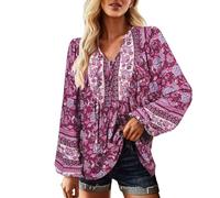 HOOUDO Boho Tops for Women UK Lace Up V Neck Summer Blouses Loose Casual Tunic Top Long Sleeve Floral Print T-Shirt Oversized Long Blouse Tee Ladies Vintage Shirts Ethnic Longline Pullover