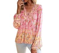 HOOUDO Boho Tops for Women UK Lace Up V Neck Summer Blouses Loose Casual Tunic Top Long Sleeve Floral Print T-Shirt Oversized Long Blouse Tee Ladies Vintage Shirts Ethnic Longline Pullover