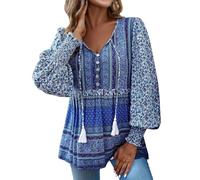 HOOUDO Boho Tops for Women UK Lace Up V Neck Summer Blouses Loose Casual Tunic Top Long Sleeve Floral Print T-Shirt Oversized Long Blouse Tee Ladies Vintage Shirts Ethnic Longline Pullover