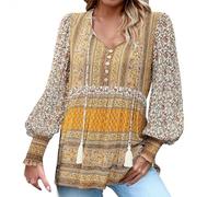 HOOUDO Boho Tops for Women UK Lace Up V Neck Summer Blouses Loose Casual Tunic Top Long Sleeve Floral Print T-Shirt Oversized Long Blouse Tee Ladies Vintage Shirts Ethnic Longline Pullover