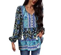HOOUDO Boho Tops for Women UK Lace Up V Neck Summer Blouses Loose Casual Tunic Top Long Sleeve Floral Print T-Shirt Oversized Long Blouse Tee Ladies Vintage Shirts Ethnic Longline Pullover