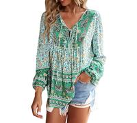 HOOUDO Boho Tops for Women UK Lace Up V Neck Summer Blouses Loose Casual Tunic Top Long Sleeve Floral Print T-Shirt Oversized Long Blouse Tee Ladies Vintage Shirts Ethnic Longline Pullover