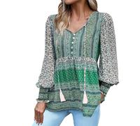 HOOUDO Boho Tops for Women UK Lace Up V Neck Summer Blouses Loose Casual Tunic Top Long Sleeve Floral Print T-Shirt Oversized Long Blouse Tee Ladies Vintage Shirts Ethnic Longline Pullover