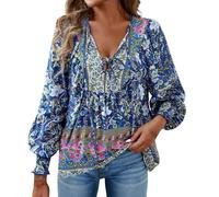 HOOUDO Boho Tops for Women UK Lace Up V Neck Summer Blouses Loose Casual Tunic Top Long Sleeve Floral Print T-Shirt Oversized Long Blouse Tee Ladies Vintage Shirts Ethnic Longline Pullover