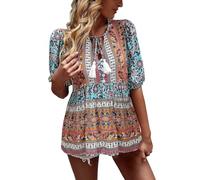 HOOUDO Boho Tops for Women UK Lace Up V Neck Summer Blouses Loose Casual Tunic Top Long Sleeve Floral Print T-Shirt Oversized Long Blouse Tee Ladies Vintage Shirts Ethnic Longline Pullover