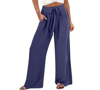 HOOUDO Buy Again Orders My Past Orders Wide Leg Linen Trousers for Women UK Summer Baggy Ladies Beach Trouser Elastic Waist Light Weight Pants Casual Full Length Comfy Pant Joggers Dark Blue