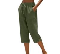 HOOUDO Capri Pants for Women UK Ladies Cropped Trousers Comfy Summer Linen Shorts Three Quarter Length Trousers Drawstring Waist Straight Leg Lounge Yoga Beach Capris Pants Green