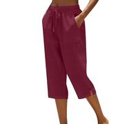 HOOUDO Capri Pants for Women UK Ladies Cropped Trousers Comfy Summer Linen Shorts Three Quarter Length Trousers Drawstring Waist Straight Leg Lounge Yoga Beach Capris Pants Wine