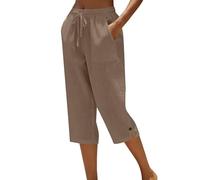 HOOUDO Capri Pants for Women UK Ladies Cropped Trousers Comfy Summer Linen Shorts Three Quarter Length Trousers Drawstring Waist Straight Leg Lounge Yoga Beach Capris Pants Coffee
