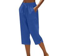 HOOUDO Capri Pants for Women UK Ladies Cropped Trousers Comfy Summer Linen Shorts Three Quarter Length Trousers Drawstring Waist Straight Leg Lounge Yoga Beach Capris Pants Dark Blue