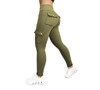 HOOUDO Cargo Leggings for Women with 4 Pockets High Waisted Stretchy Yoga Pants Solid Slim-Fit Ladies Activewear Butt Lift Tummy Control Running Tight Trousers 2023 New Green