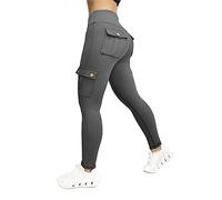 HOOUDO Cargo Leggings for Women with 4 Pockets High Waisted Stretchy Yoga Pants Solid Slim-Fit Ladies Activewear Butt Lift Tummy Control Running Tight Trousers 2023 New Grey