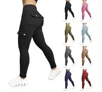 HOOUDO Cargo Leggings for Women with 4 Pockets High Waisted Stretchy Yoga Pants Solid Slim-Fit Ladies Activewear Butt Lift Tummy Control Running Tight Trousers 2023 New Black