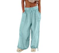 HOOUDO Cheap Dresses for Women UK Clearance Wide Leg Linen Trousers for Women UK Baggy Palazzo Pants Plue Size Yoga Pants Long Cargo Harem Trousers Solid Beach Lounge Wear Senior Deals of The Day