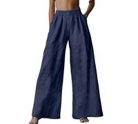 HOOUDO Cheap Gifts Under 5 Pounds Cotton Linen Trousers for Women UK Summer Wide Leg Palazzo Pants Drawstring Elastic Waist Bottoms with Pockets Lightweight Loose Yoga Pants Navy