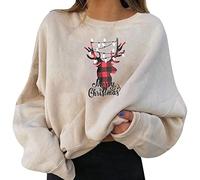HOOUDO Christmas Jumpers for Women UK Funny Reindeer Sweaters Cotton Fashion Clothes Oversized Comfortable Lounge Wear Jumper Baggy O Neck Pullover Long Sleeve Sweatshirt Beige