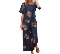 HOOUDO Co Ord For Women Travel Airport Lounge Wear Set Ladies Summer Linen Sets Short Sleeve Round-Neck Tops & Loose Wide Leg Pants Co Ord Set Day Prime