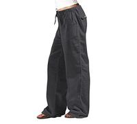 HOOUDO Cotton Linen for Women Wide Leg Elastic Summer Pants High Waisted Lounge Palazzo Pants Loose Baggy Comfy Joggers Trousers with Pockets Plus Size