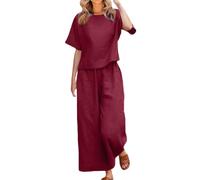 HOOUDO Cotton Linen Tracksuitw Travel Airport Lounge Wear Set Ladies Summer Linen Sets Short Sleeve Round-Neck Tops & Loose Wide Leg Pants Co Ord Set Prime of Day T Shirt