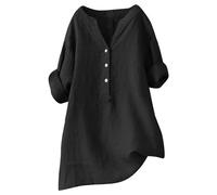HOOUDO Cotton Tops for Women UK Summer Cotton Linen Button Down Blouses Ladies Roll Up Long Sleeve Shirts Plus Size Casual V Neck Loose T-Shirt Tunic Top Oversized My Orders Black