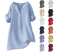 HOOUDO Crochet Tops for Women UK Summer Cotton Linen Button Down Blouses Ladies Roll Up Long Sleeve Shirts Plus Size Casual V Neck Loose T-Shirt Tunic Top Oversized My Orders UK 2024