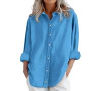 HOOUDO Deal of The Day Clearance Linen Tops for Women UK Long Sleeve Button Down Blouses Shirts Ladies Summer Casual T-Shirts Oversized Lightweight Tunic Top Tee Plus Size Sky Blue