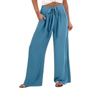 HOOUDO Deals of The Day Clearance Wide Leg Linen Trousers for Women UK Summer Baggy Ladies Beach Trouser Elastic Waist Light Weight Pants Casual Full Length Comfy Pant Joggers Sky Blue