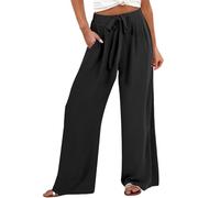HOOUDO Deals of The Day Lightning Deals Wide Leg Linen Trousers for Women UK Summer Baggy Ladies Beach Trouser Elastic Waist Light Weight Pants Casual Full Length Comfy Pant Joggers Black