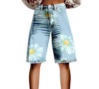 HOOUDO Delivery Denim Shorts with Pockets Knee Length Bermuda Jean High Waisted Casual Summer Capri Hot Pants Ladies Pull On Denim Shorts Women Low Waisted