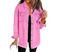 HOOUDO Denim Jacket Women,Summer Jackets for Women UK Oversized Denim Jacket Frayed Hem Jean Trucker Button Down Casual Shirts Shacket Boyfriend Coats,Ladies Jackets Size 18 Hot Pink