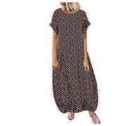 HOOUDO Dresses for Women Polka Dot Print Long Dress with Pockets Loose Casual Tunic Shirts Plus Size Vintage Dresses for Women Brown