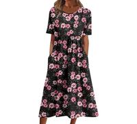HOOUDO Dresses for Women UK Petite Summer Dresses for Women Flowy Cotton Casual Dresses Puff Sleeve O Neck Floral Dresses 2025 Floral Printed Sun Dresses Pleated A-Line Dresses Hot Pink