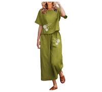 HOOUDO Early Black of Friday Deals Lounge Wear for Women UK Casual Two Piece Outfit Casual Crewneck Short Sleeve Tracksuits Cotton Linen Co Ords Sets Active Loungewear Stylish Leisure Suits