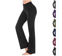 HOOUDO Flared Yoga Pants for Women Plus Size Ladies Stretch Bootcut Yoga Trousers Casual High Waisted Workout Gym Leggings Soft Bootleg Tummy Control Pilates Pants with Pockets Black