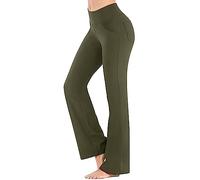 HOOUDO Flared Yoga Pants for Women Plus Size Ladies Stretch Bootcut Yoga Trousers Casual High Waisted Workout Gym Leggings Soft Bootleg Tummy Control Pilates Pants with Pockets Green