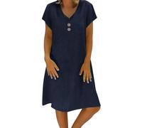 HOOUDO Green Dress Cotton Linen Casual V Neck Midi Dress Short Sleeve A-line Sundress Ladies Tunic Boho Beach with Pockets Maxi Summer