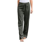 HOOUDO Holiday Must Haves Women Cotton Linen Trousers Straight Leg Loose Fit Lounge Pants with Pockets Pure Smart Boho Loungewear Long Fashion Palazzo Jeggings for Vacation Army Green