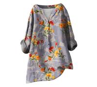 HOOUDO Homegoods Online Store Summer Linen Tops for Women UK Long Sleeve V Neck Blouses Shirts Loose Casual Tunic Top Tee Ladies Button Down T-Shirt Pullover Plus Size