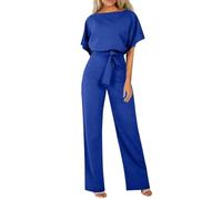 HOOUDO Jumpsuit for Women UK Elegant Wedding Summer Short Sleeve Playsuits Ladies Plain Casual Wide Leg Pant Belted Romper Formal Wedding Overalls Baggy One Piece Outfits Dungarees My Orders UK Blue