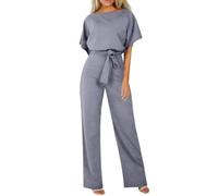 HOOUDO Jumpsuits for Women UK Party Petite Summer Short Sleeve Playsuits Ladies Plain Casual Wide Leg Pant Belted Romper Formal Wedding Overalls Baggy One Piece Outfits Dungarees My Orders Grey