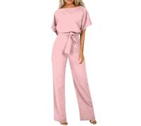 HOOUDO Jumpsuits for Women UK Party Summer Short Sleeve Playsuits Ladies Plain Casual Wide Leg Pant Belted Romper Formal Wedding Overalls Baggy One Piece Outfits Dungarees My Orders Pink