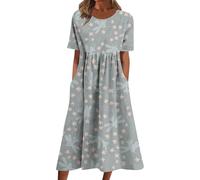 HOOUDO Kaftan Dresses for Women UK Cotton Summer Dresses for Women Flowy Cotton Casual Dresses Puff Sleeve O Neck Floral Dresses 2025 Floral Printed Sun Dresses Pleated A-Line Dresses Grey
