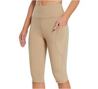 HOOUDO Knee Length Leggings for Women UK - High Waisted Tummy Control Yoga Pants with Pockets - Summer Short Leggings - Seamless Stretchy Sports Gym Running Bermuda Shorts Khaki