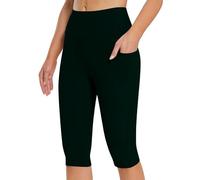 HOOUDO Knee Length Leggings for Women UK With Pockets - High Waisted Tummy Control Yoga Pants, Cropped Capri Seamless Stretchy Sports Gym Running Bermuda Shorts, Green