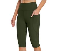 HOOUDO Knee Length Leggings for Women UK with Pockets Summer Short Leggings High Waisted Tummy Control Yoga Pants Cropped Capri Leggings Seamless Stretchy Sports Gym Running Bermuda Shorts Army Green