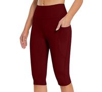 HOOUDO Knee Length Leggings for Women UK with Pockets Summer Short Leggings High Waisted Tummy Control Yoga Pants Cropped Capri Leggings Seamless Stretchy Sports Gym Running Bermuda Shorts Wine