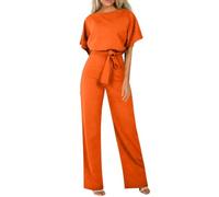 HOOUDO Ladies Jumpsuits Petite Summer Short Sleeve Playsuits Ladies Plain Casual Wide Leg Pant Belted Romper Formal Wedding Overalls Baggy One Piece Outfits Dungarees My Orders Orange